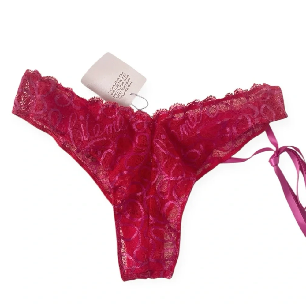 Savage Fenty Ribbon Writing Lace Brazilian Panty Underwear Lingerie Large New
